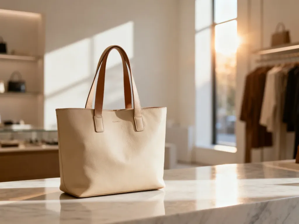 Elegancka, skórzana torebka typu tote na marmurowym blacie w nowoczesnym butiku.