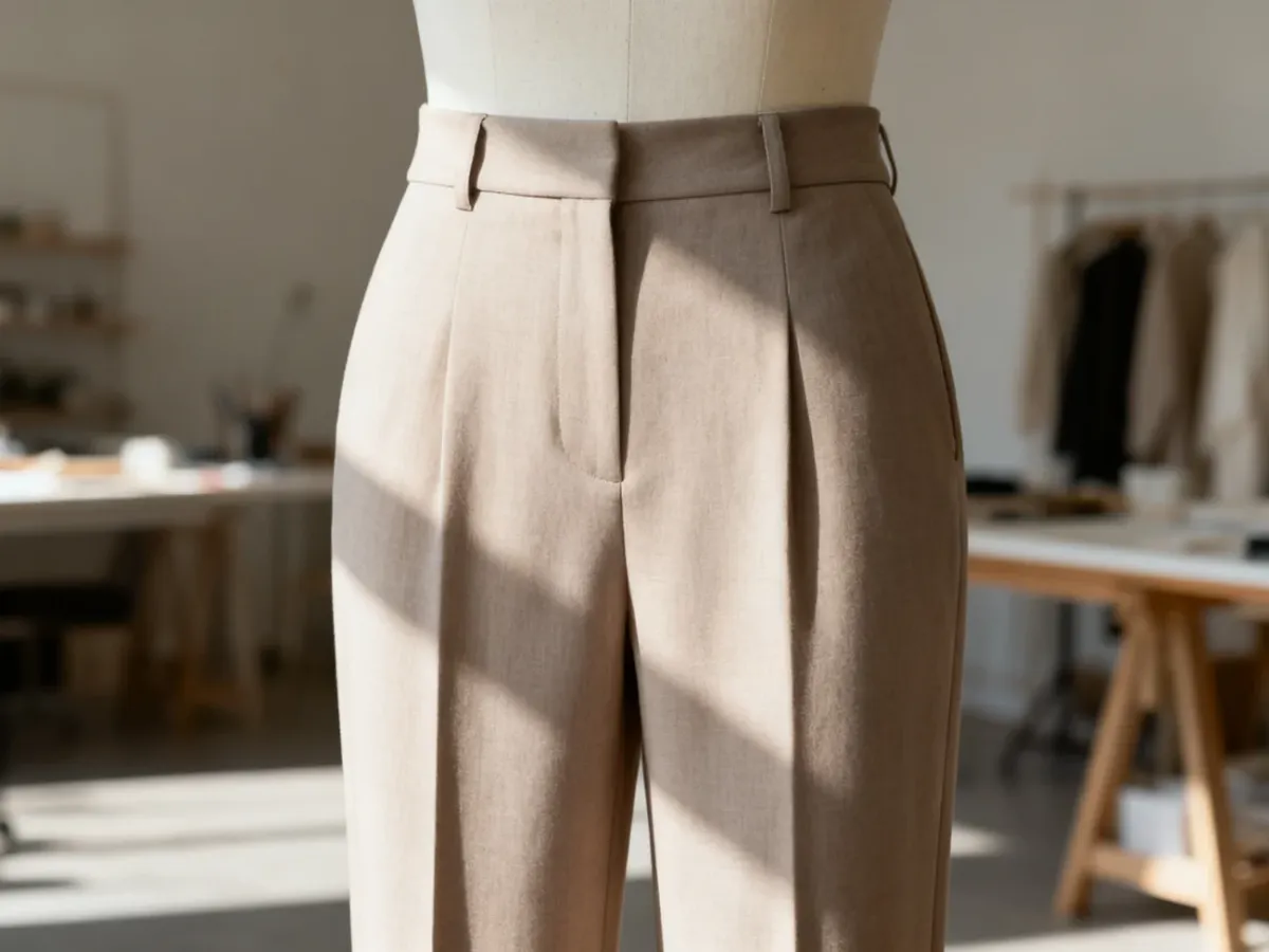 Eleganckie cygaretki na manekinie w profesjonalnym atelier, prezentujące krój i fakturę wysokiej jakości materiału.