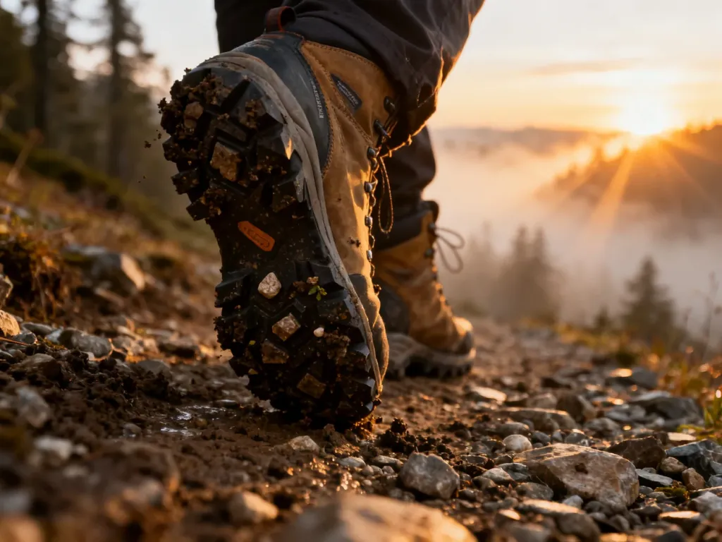 Zbliżenie na podeszwę butów trekkingowych z głębokim bieżnikiem na górskim szlaku w świetle zachodzącego słońca.