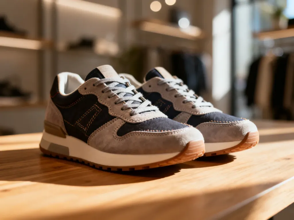 Zbliżenie na detale i fakturę markowych sneakersów na drewnianym blacie w minimalistycznym wnętrzu sklepu.