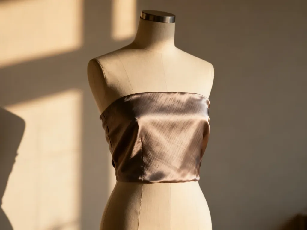 Elegancki jedwabny top bez ramiączek wyeksponowany na minimalistycznym manekinie w profesjonalnym studiu.