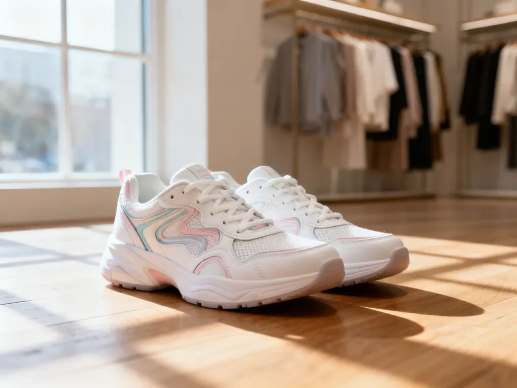 Stylowe białe sneakersy z pastelowymi akcentami na drewnianej podłodze w minimalistycznym butiku.