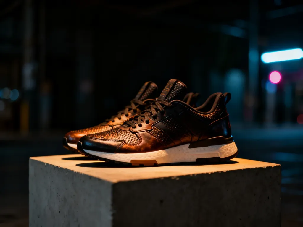 Limitowane sneakersy wyeksponowane na betonowym postumencie w nowoczesnym, industrialnym wnętrzu.
