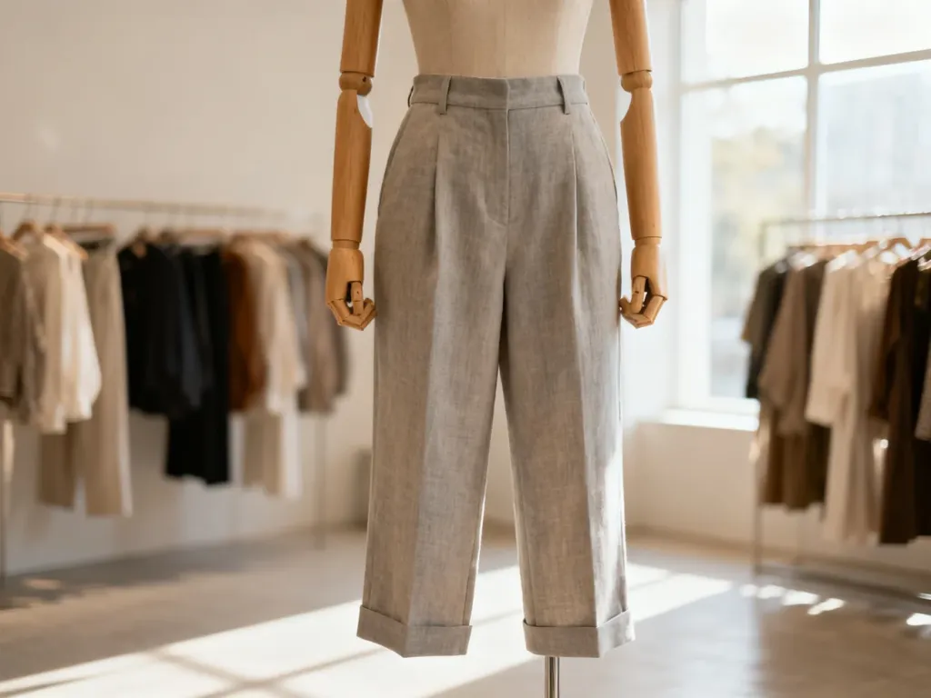 Stylowe spodnie typu cropped wyeksponowane na drewnianym manekinie w minimalistycznym butiku.