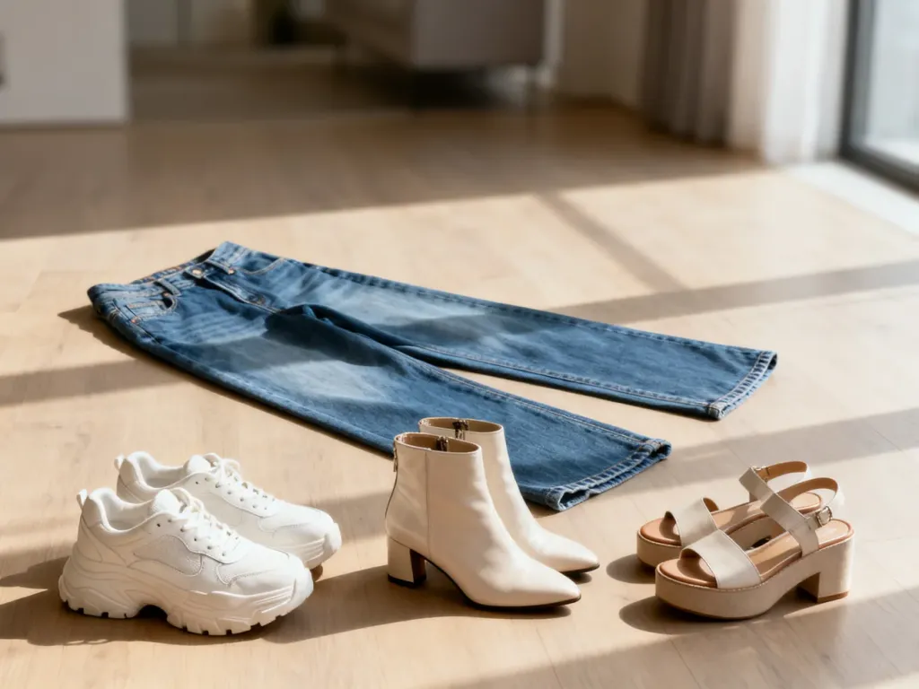 Zestawienie jeansów typu wide leg z białymi sneakersami, botkami na obcasie oraz sandałami na platformie.