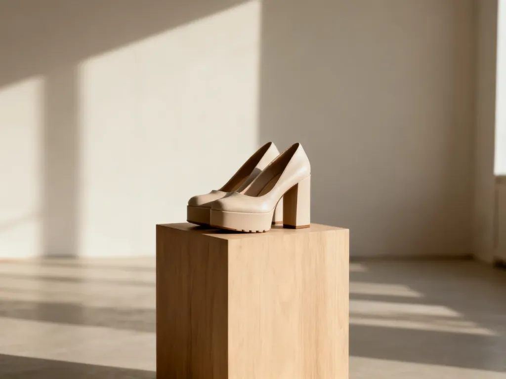 Stylowe buty na grubym obcasie wyeksponowane na drewnianym podeście w minimalistycznym studiu.