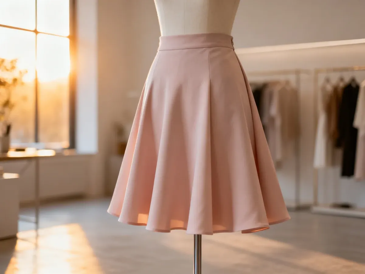 Elegancka rozkloszowana spódnica na manekinie w minimalistycznym butiku, prezentująca wysoką jakość materiału i krój.