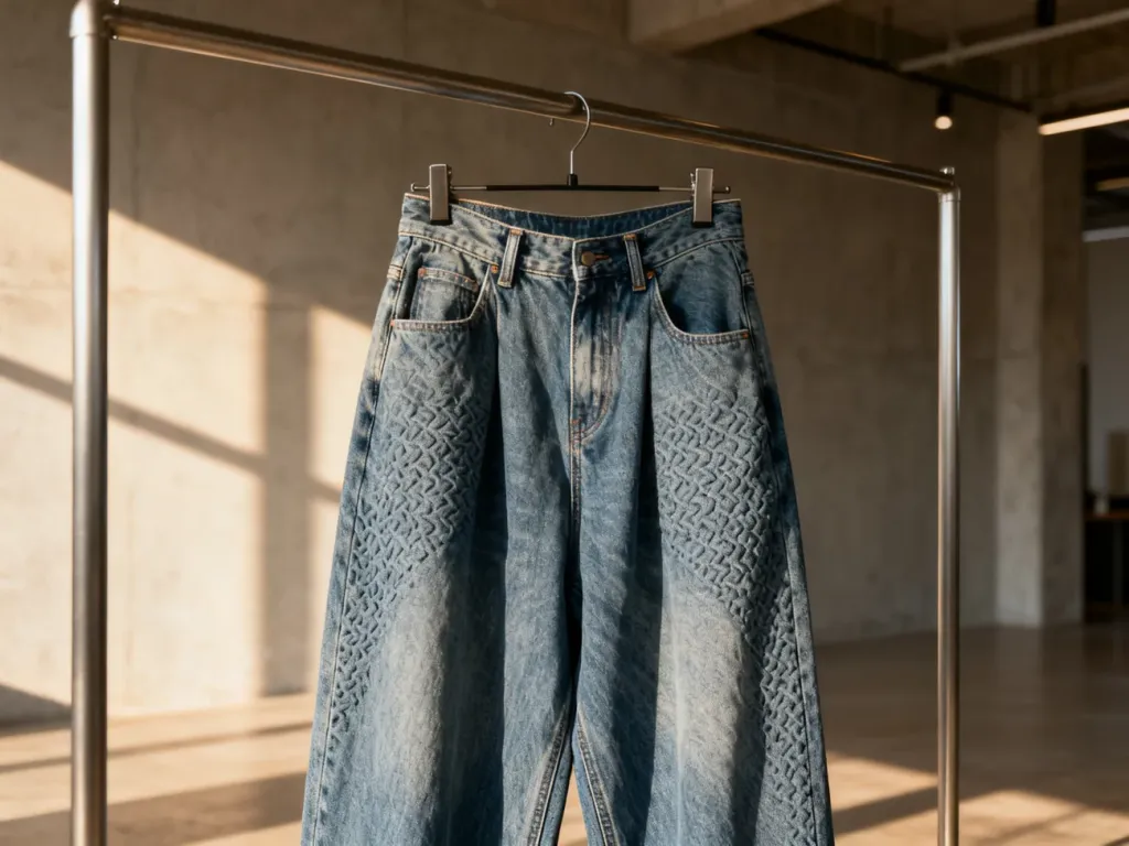 Modne jeansy typu baggy z wysokim stanem zawieszone na minimalistycznym wieszaku w nowoczesnym wnętrzu.