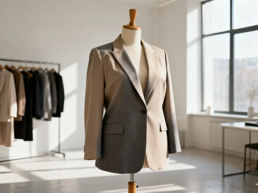 Elegancka marynarka plus size na drewnianym manekinie w nowoczesnym studio, prezentująca krój i wysoką jakość materiału.