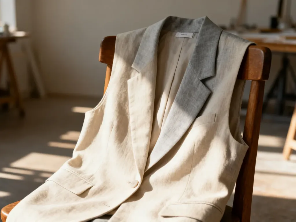 Stylowa beżowa kamizelka typu sleeveless blazer przewieszona przez drewniane krzesło w słonecznym atelier.