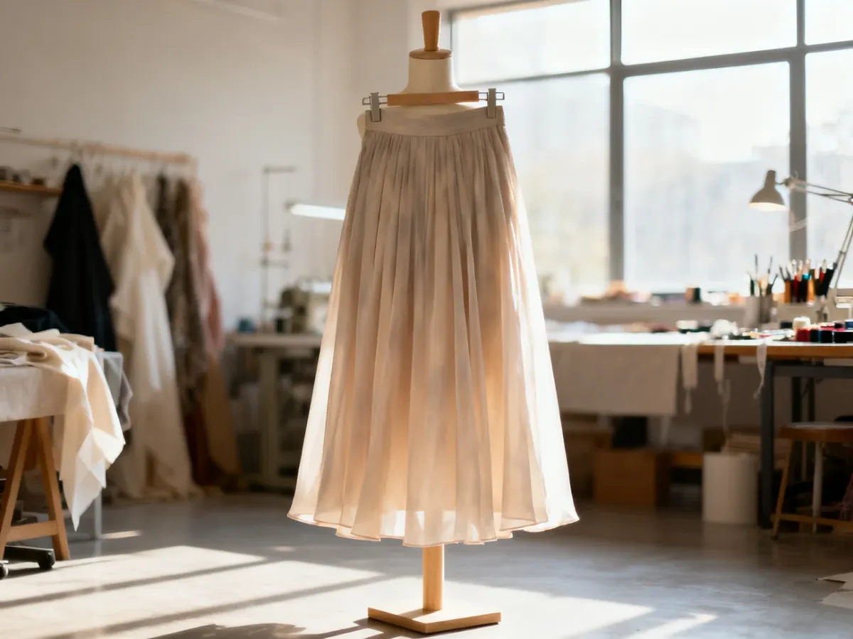 Elegancka spódnica midi prezentowana na drewnianym manekinie w jasnej pracowni krawieckiej.