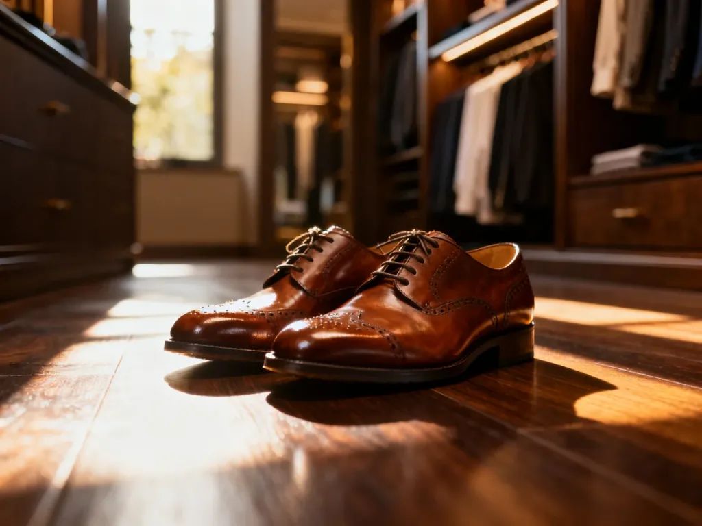 Eleganckie brązowe buty typu brogsy na drewnianej podłodze w tle garderoby, idealne do codziennych stylizacji.