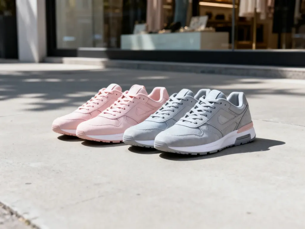 Dwie pary stylowych sneakersów w kolorze pudrowego różu oraz eleganckiej szarości na minimalistycznym betonowym tle.
