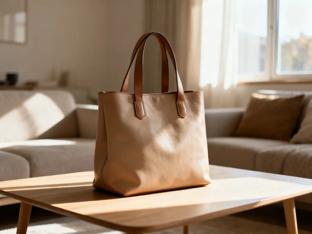 Stylowa skórzana torebka typu shopper na drewnianym stole w jasnym, nowoczesnym wnętrzu.