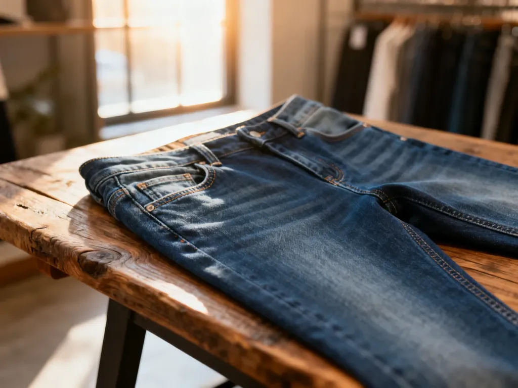 Zbliżenie na jeansy typu slim fit o klasycznym, granatowym odcieniu, wyeksponowane na drewnianym stole.