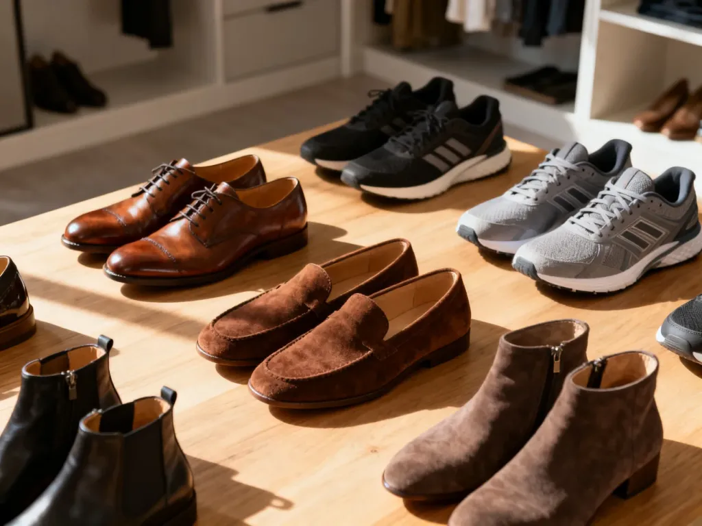 Różnorodne rodzaje obuwia, od eleganckich oksfordów po sportowe sneakersy, starannie ułożone na drewnianym podłożu.