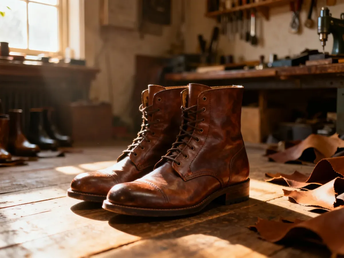 Skórzane buty marki Dockers wyeksponowane na drewnianym podłożu w profesjonalnym warsztacie szewskim.