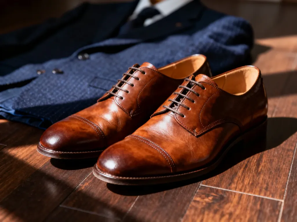 Eleganckie brązowe oksfordy zestawione z granatowym garniturem, podkreślające klasyczny styl męski.
