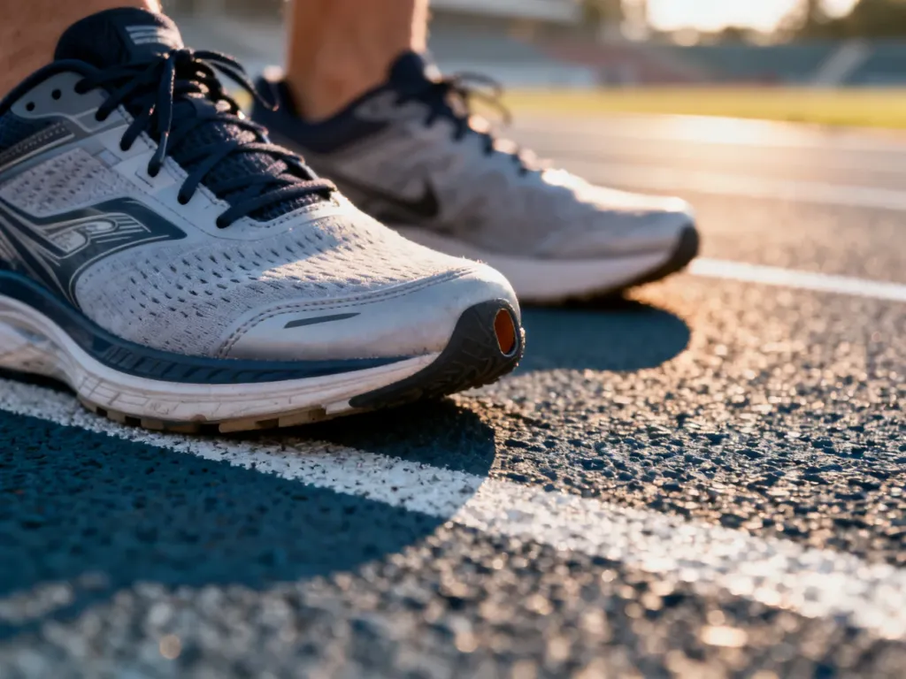 Profesjonalne buty do biegania na bieżni, pokazujące odpowiedni zapas miejsca w palcach dla zapewnienia komfortu podczas treningu.