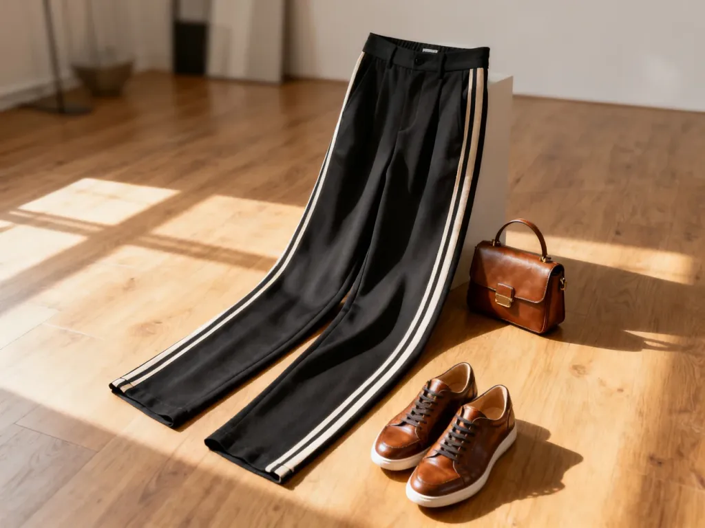 Eleganckie spodnie z lampasami ułożone na podłodze obok skórzanych sneakersów i torebki w minimalistycznym wnętrzu.