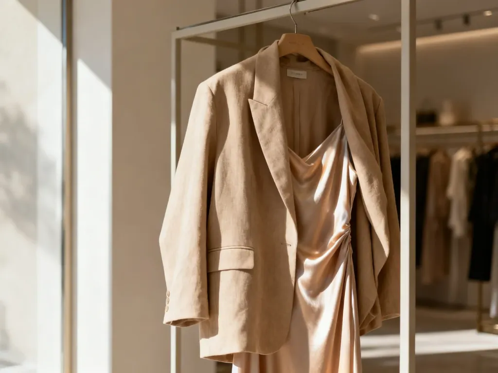 Beżowa marynarka typu oversize narzucona na jedwabną sukienkę, prezentowana w eleganckim butiku.