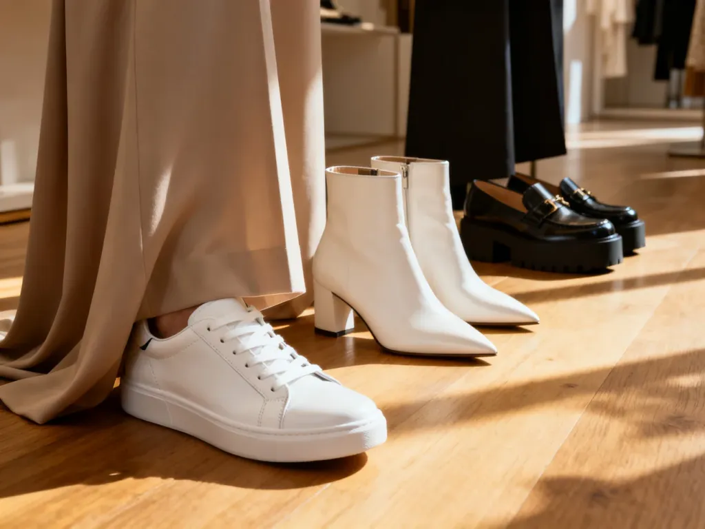 Różnorodne modele butów, w tym sneakersy, botki i mokasyny, zestawione ze spodniami typu wide leg na drewnianej podłodze.