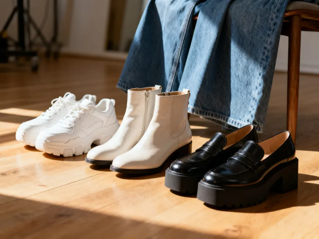 Różnorodne modele obuwia, takie jak sneakersy, botki i mokasyny, zestawione ze stylowymi szerokimi jeansami.