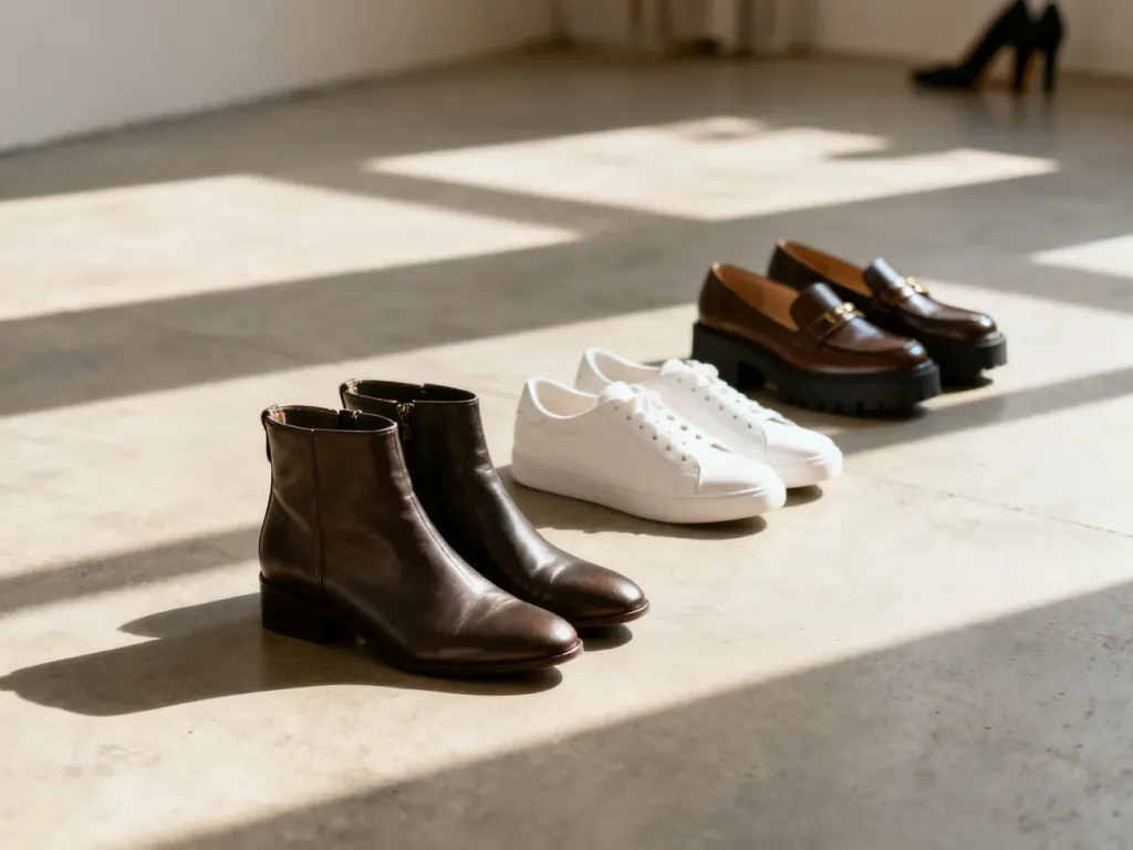 Różnorodne modele damskiego obuwia, w tym botki, sneakersy i mokasyny, zestawione w minimalistycznej aranżacji.