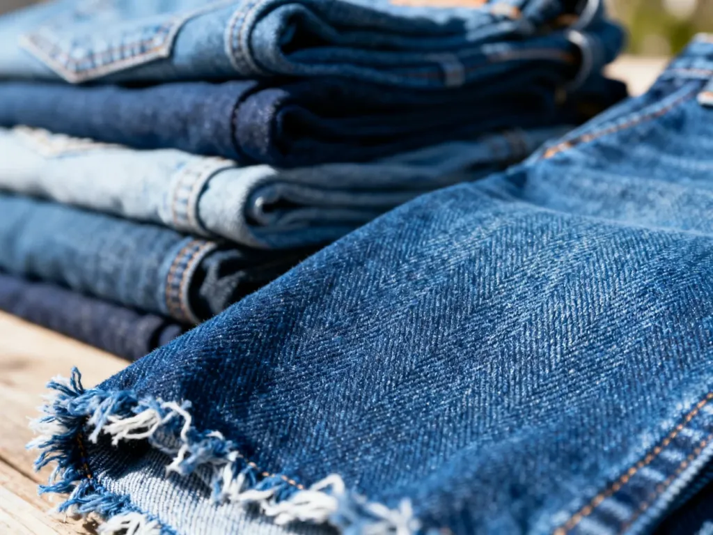 Zbliżenie na fakturę granatowego denimu z widocznym splotem skośnym oraz stos ubrań jeansowych w tle.