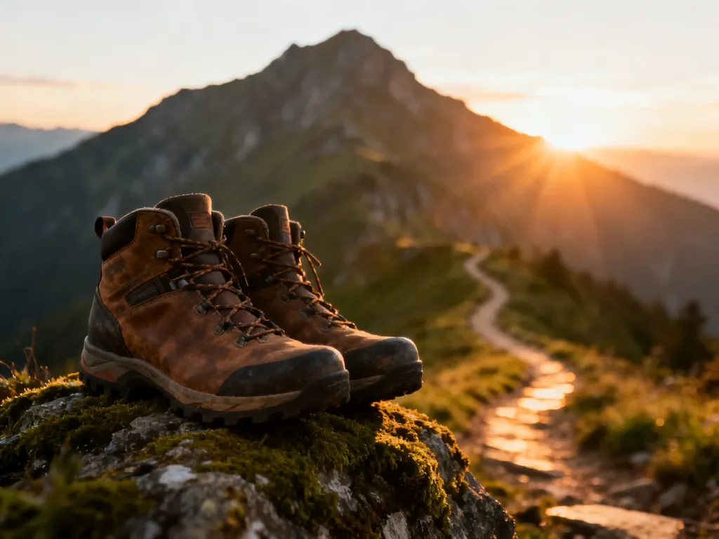 Wysokiej jakości buty trekkingowe na mszystej skale na tle górskiego krajobrazu o zachodzie słońca.