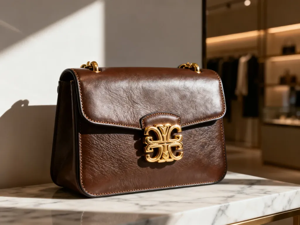 Złote logo Dolce & Gabbana na skórzanej torebce, prezentujące detale wykonania i wysoką jakość materiału.