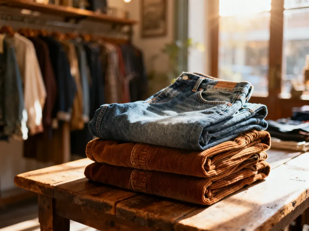 Starannie złożone spodnie jeansowe i sztruksowe w stylu vintage na drewnianym stole w przytulnym butiku.