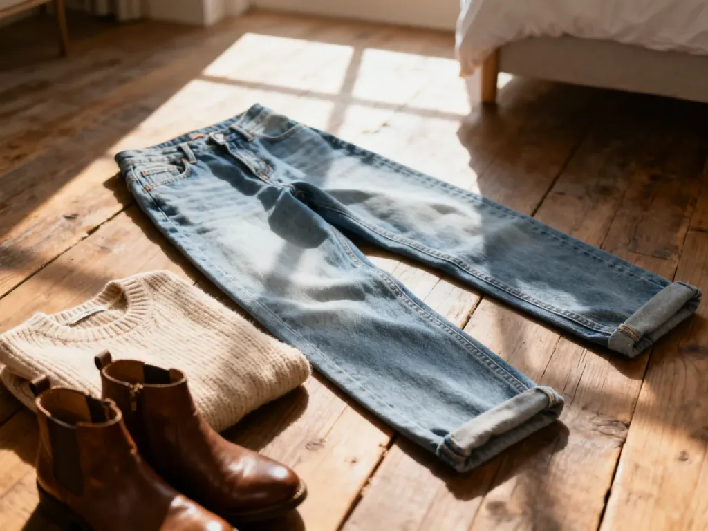 Jasnoniebieskie jeansy typu mom fit ułożone na drewnianej podłodze obok beżowego swetra i skórzanych botków.