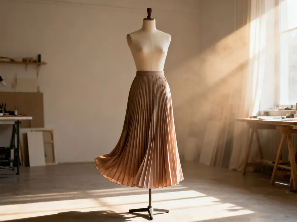 Elegancka plisowana spódnica midi na manekinie w minimalistycznym atelier, prezentująca krój i strukturę materiału.