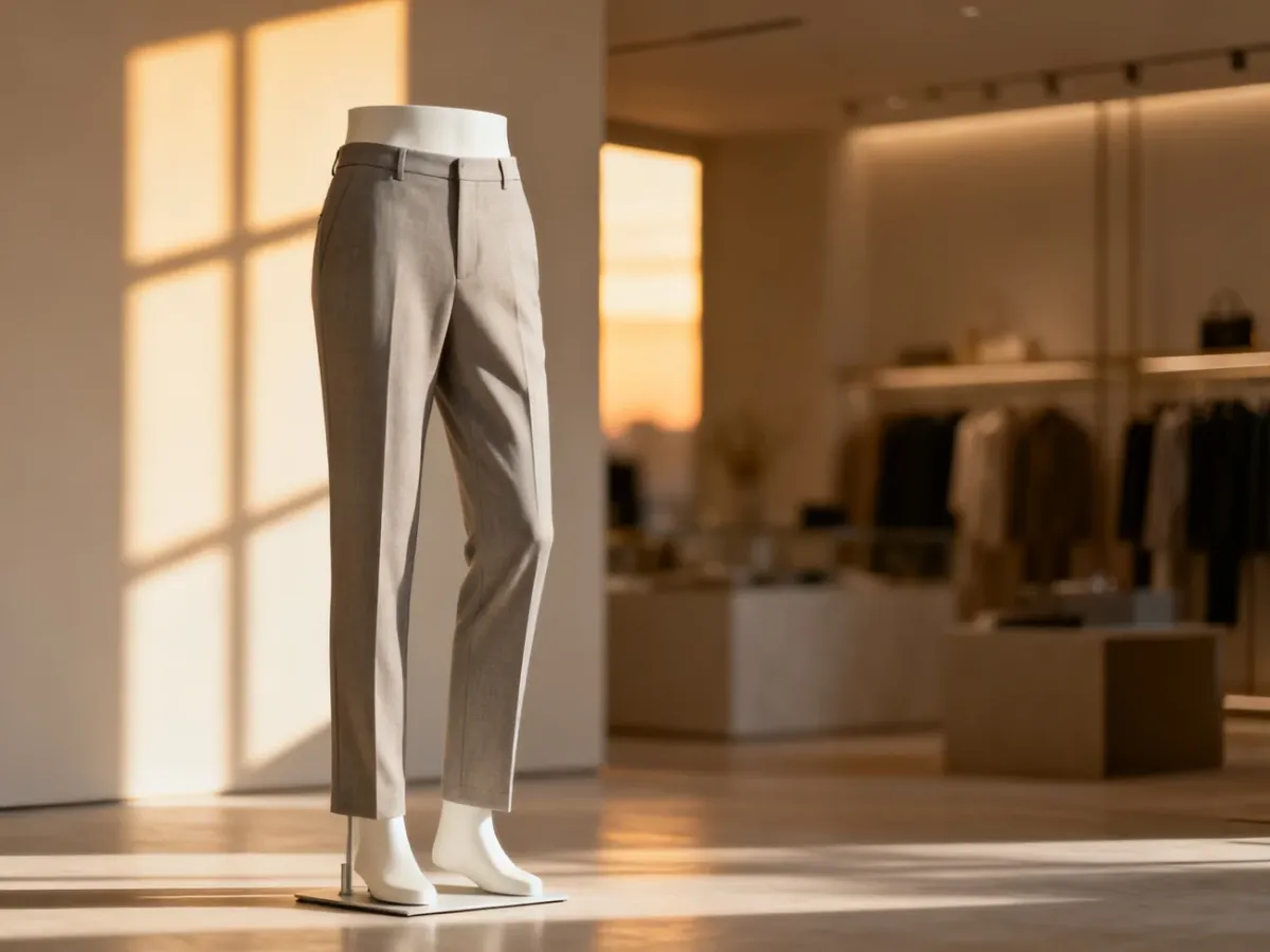 Eleganckie spodnie typu slim fit wyeksponowane na minimalistycznym manekinie w nowoczesnym butiku.