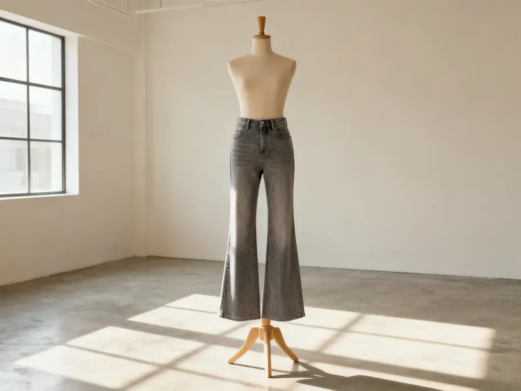 Stylowe jeansy o kroju bootcut wyeksponowane na drewnianym manekinie w jasnym, nowoczesnym studiu mody.