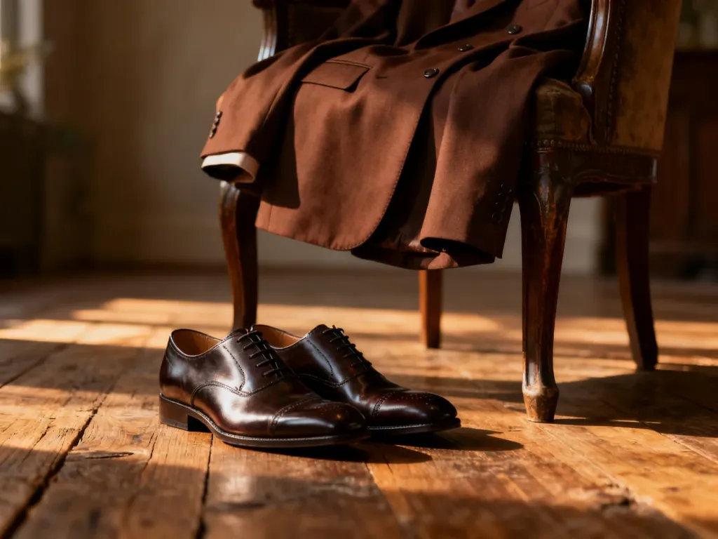 Eleganckie, ciemnobrązowe buty typu oksford na drewnianej podłodze w towarzystwie czekoladowego garnituru.