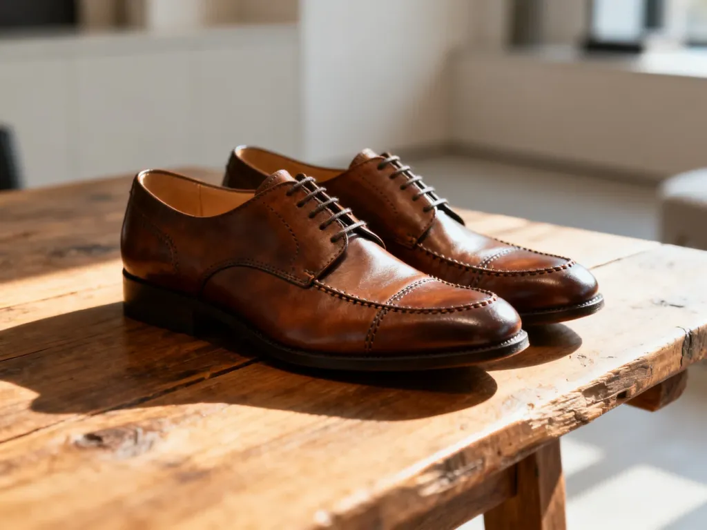 Eleganckie skórzane buty Kordel na drewnianym stole, ukazujące precyzyjne szwy i wysoką jakość wykonania.