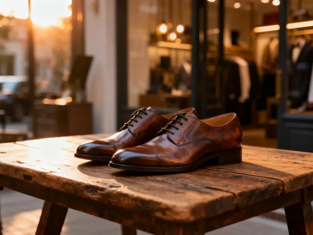 Eleganckie skórzane buty postawione na rustykalnym drewnianym stole w stylowym wnętrzu butiku.