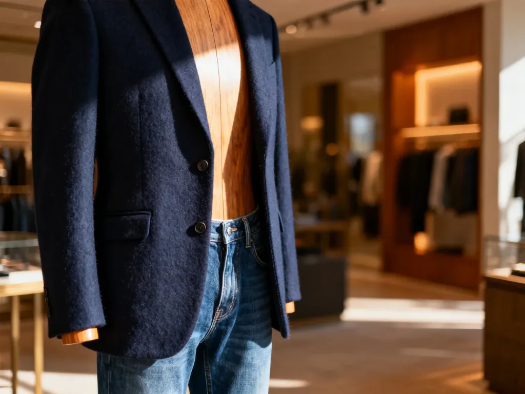 Granatowa wełniana marynarka zestawiona z klasycznymi jeansami na manekinie, prezentująca elegancki styl casualowy.
