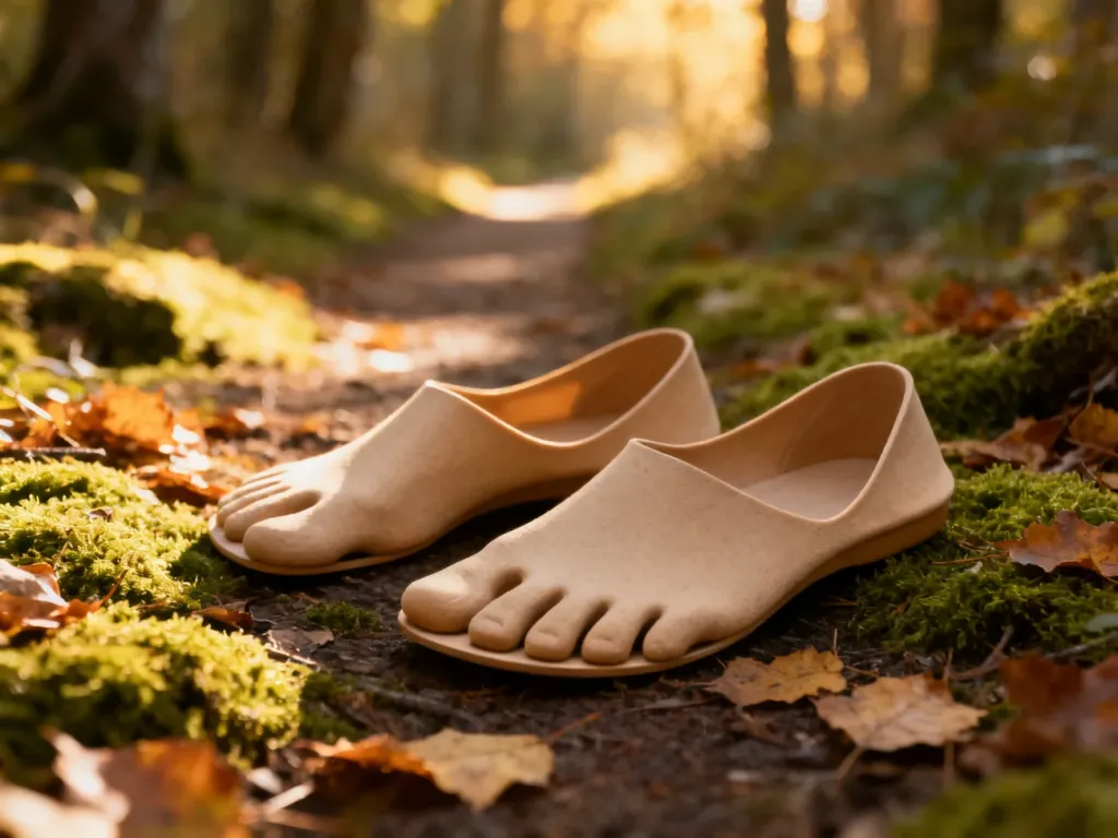 Minimalistyczne buty typu barefoot na leśnej ścieżce, prezentujące cienką podeszwę i szeroki przód dla naturalnego ruchu stopy.