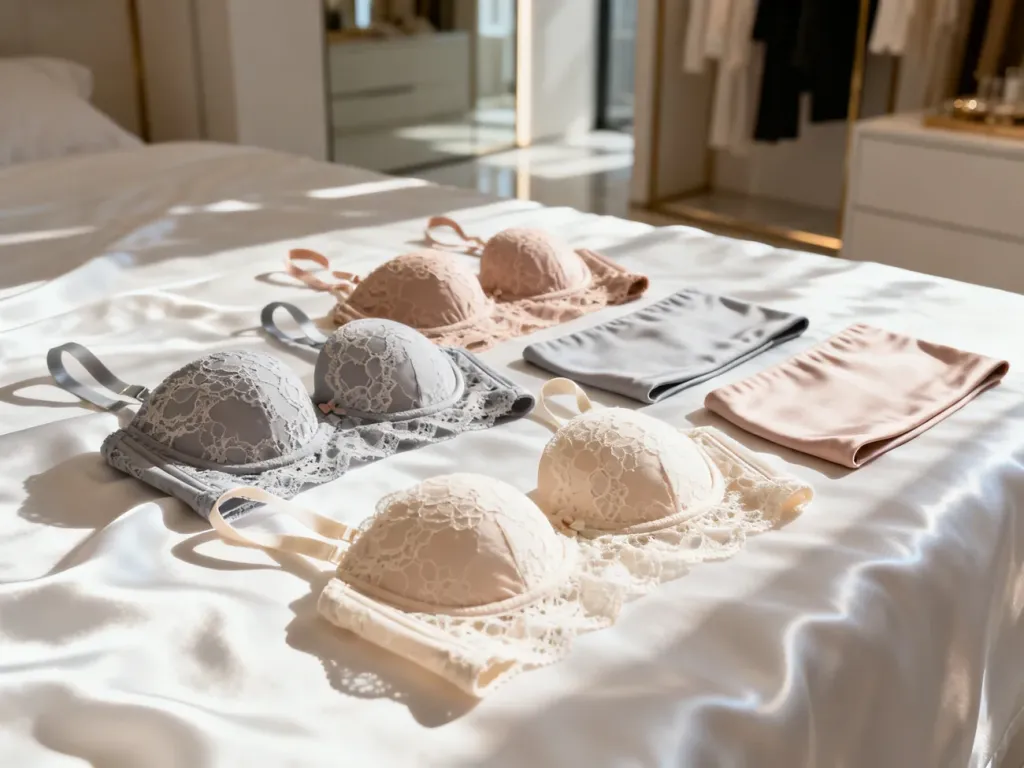 Eleganckie biustonosze bez ramiączek i modele typu bandeau ułożone na satynie, idealne pod bluzkę typu hiszpanka.