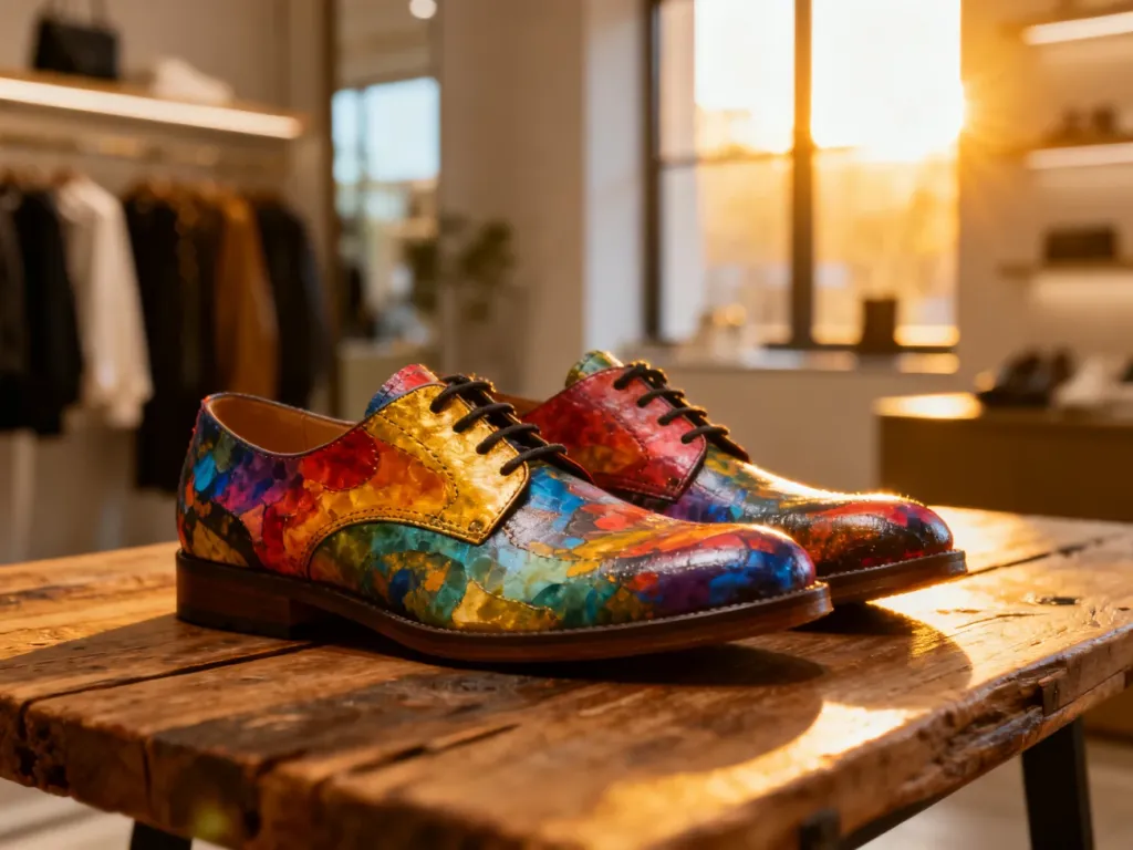 Kolorowe, artystyczne buty marki Dogo wyeksponowane na drewnianym stole w klimatycznym wnętrzu butiku.