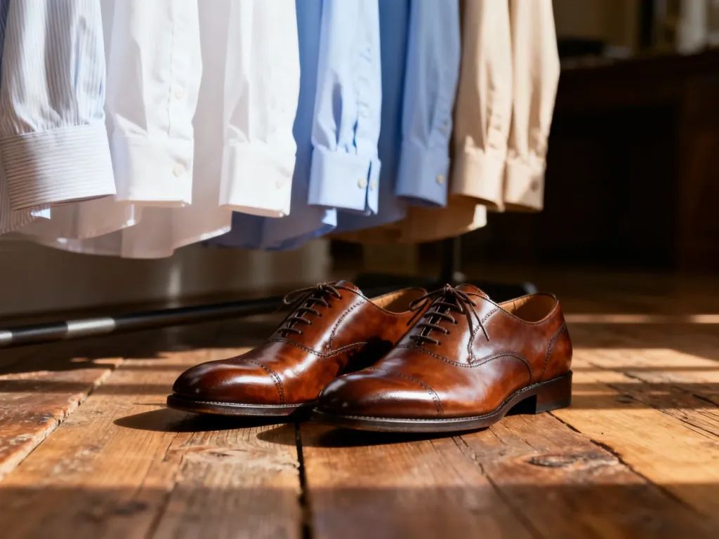 Eleganckie, brązowe buty oksfordy na drewnianej podłodze w otoczeniu wyprasowanych koszul w jasnych odcieniach.