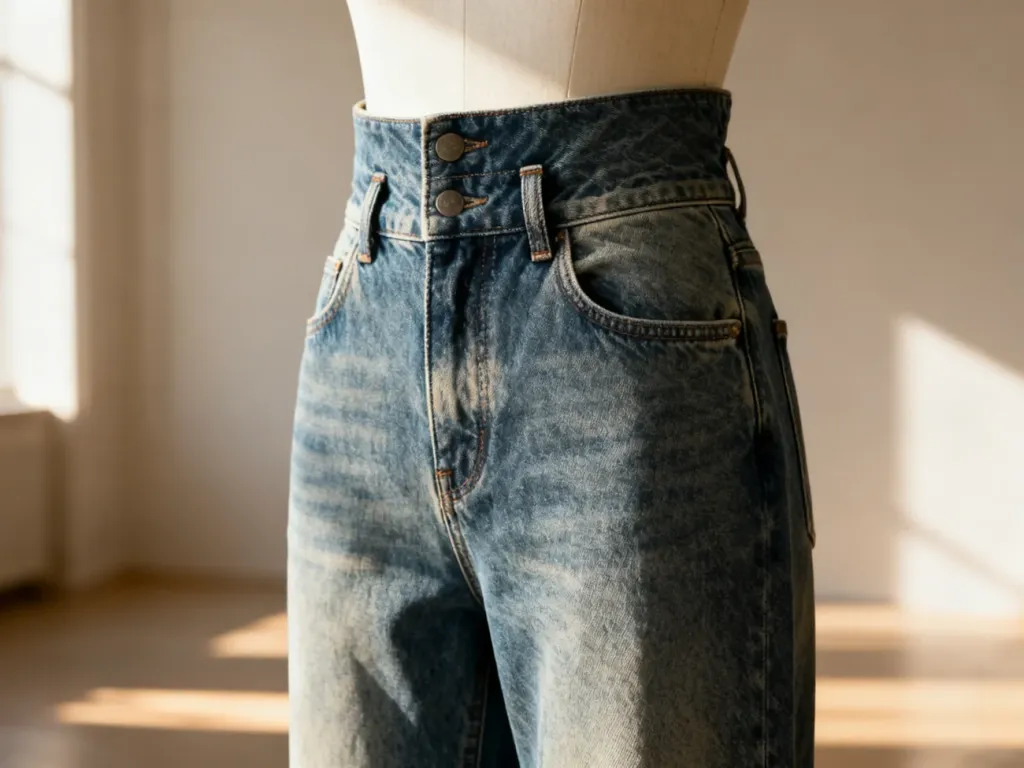 Jeansy z wysokim stanem typu Ribcage wyeksponowane na manekinie, podkreślające ich charakterystyczny krój i fakturę denimu.