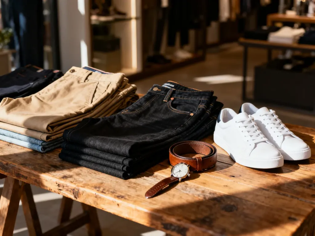 Złożone spodnie typu chinos i jeansy w towarzystwie paska, zegarka oraz białych sneakersów na drewnianym stole.