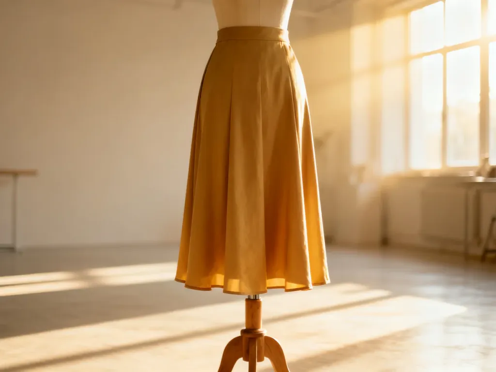 Elegancka spódnica midi na drewnianym manekinie w jasnym, minimalistycznym studio.