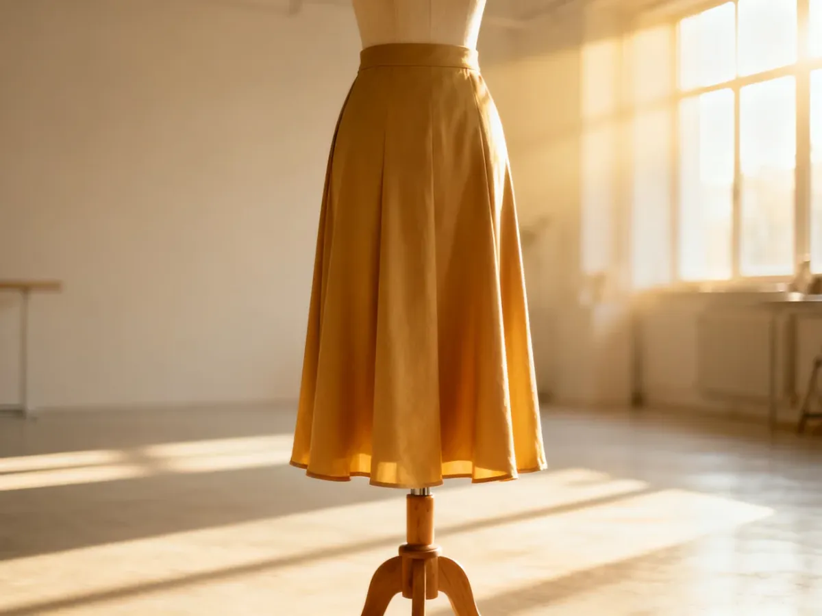 Elegancka spódnica midi na drewnianym manekinie w jasnym, minimalistycznym studio.
