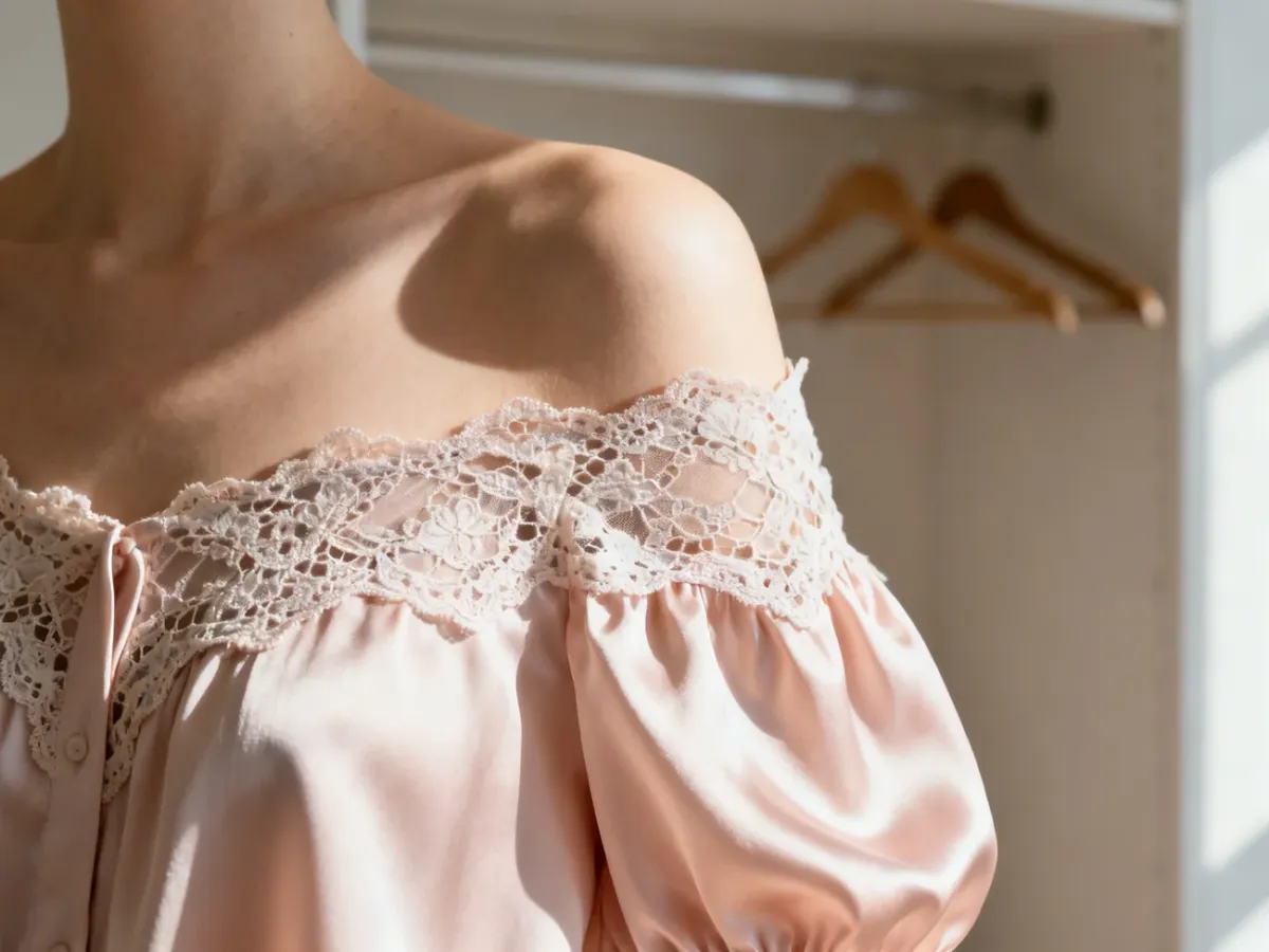Zbliżenie na elegancką bluzkę hiszpankę z koronkowymi detalami w pastelowym odcieniu.