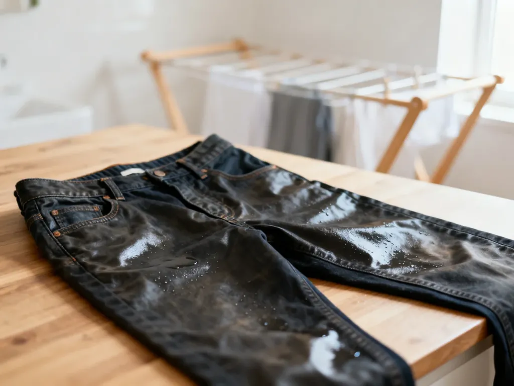 Ciemne spodnie z woskowanego denimu o charakterystycznym połysku, ułożone na drewnianym blacie w jasnej pralni.